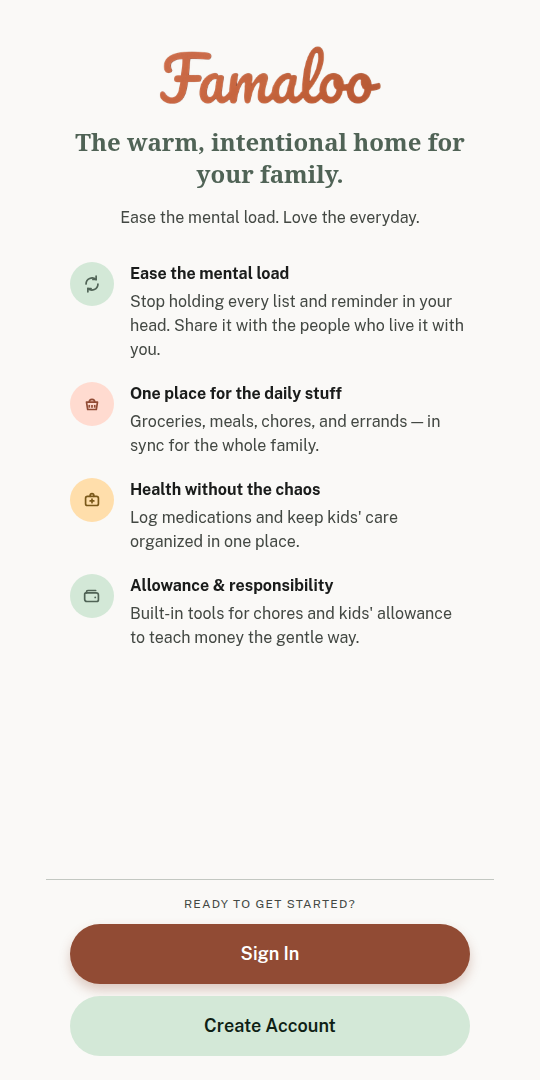 Famaloo welcome screen — Share the mental load. Love the everyday.