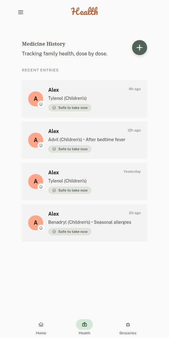Famaloo health screen — medication tracking and dose history.