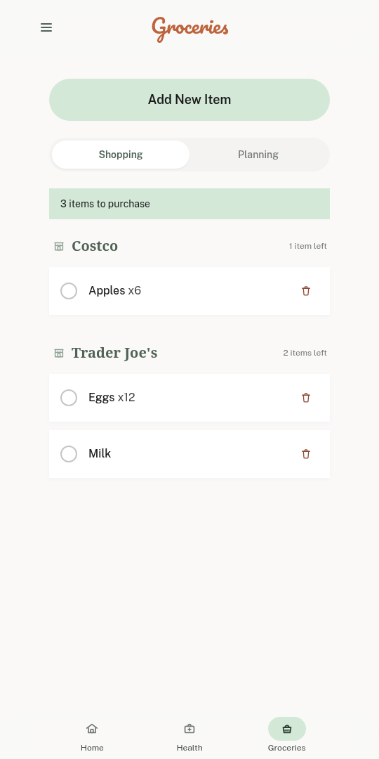 Famaloo groceries screen — shared family list.