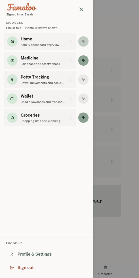 Famaloo modules screen — meals, chores, and more.