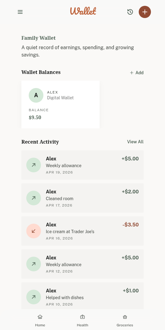 Famaloo wallet screen — kids' allowance and budget tracking.